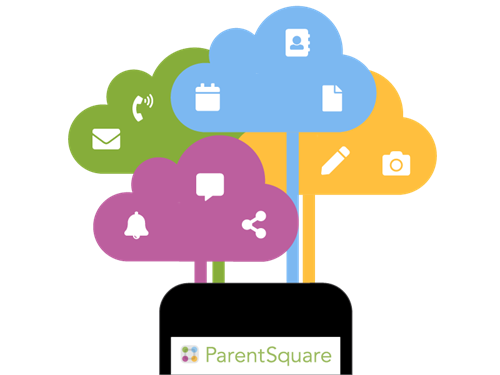 cell phone with colored clouds above filled with productivity icons